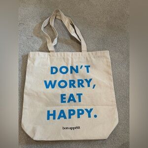 bon appétit “DON’T WORRY, EAT HAPPY.” Ivory Blue Canvas Shopping Tote